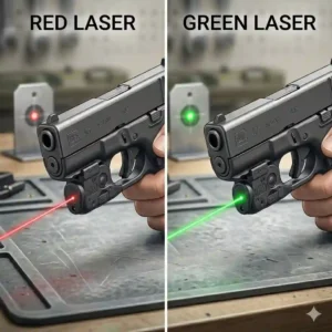A comparison illustration with two split panels: one shows a hand with a Glock 43 projecting a red laser dot, and the other shows the same setup projecting a bright green laser dot, comparing visibility.