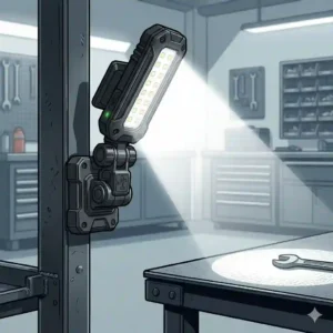 A conceptual vector drawing demonstrating a hands-free magnetic work light with a multi-jointed arm, firmly attached to a metal beam.