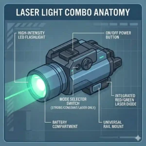Illustration showing how to properly mount a tactical laser light combo onto a pistol's Picatinny rail.