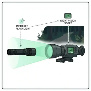 A diagram illustrating a mounted black tactical infrared flashlight emitting a beam towards a night vision scope.