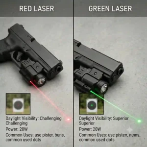"An illustration comparing red and green laser options for a glock 19 laser light."