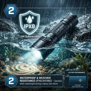 An illustration of a waterproof lux pro flashlight operating flawlessly while submerged in water during a heavy rain storm.