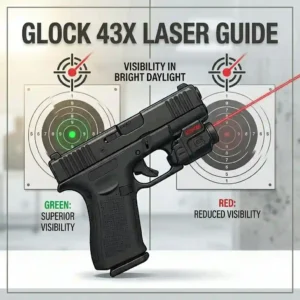 Comparison illustration showing the visibility differences between a red and green Glock 43X laser in daylight.