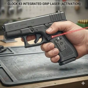 A demonstration image showing a hand firmly gripping a Glock 43 and highlighting the instinctive activation point for an aftermarket laser grip system.