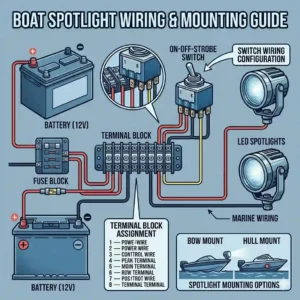 A wiring diagram illustrating how to connect a marine boat spotlight to a battery, fuse, and switch.