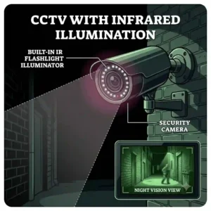 A diagram showing a CCTV camera with a built-in infrared flashlight illuminator detecting movement at night.