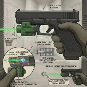 A technical drawing of a tactical rail-mounted laser for a glock handgun.