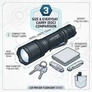 A graphic illustration comparing the high, medium, and low lumen brightness settings and beam distances of a lux pro flashlight.
