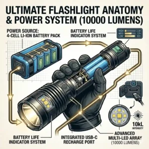 Technical illustration detailing the advanced rechargeable battery pack and fast charging system of this flashlight with 10000 lumens.