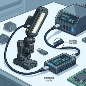Illustration showing a rechargeable magnetic work light with a multi-LED panel connected to a digital USB charging system and durable braided cable.