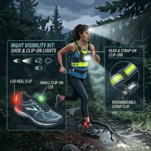 A detailed gear guide diagram featuring a breakdown of small clip-on LED lighting for runners attached to technical running shoes.