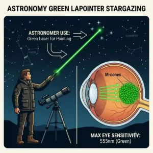 An illustration of an astronomer using specialized green laser pointers to point out constellations and stars in the night sky.
