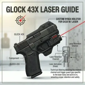 Line drawing of a Glock 43X with an under-barrel laser sliding smoothly into a custom Kydex IWB holster.