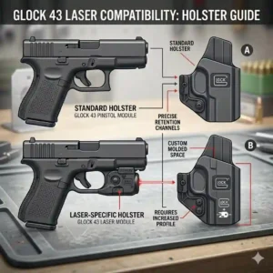 An informative infographic illustration demonstrating how a custom-molded Kydex IWB holster accommodates a Glock 43 with an attached laser.