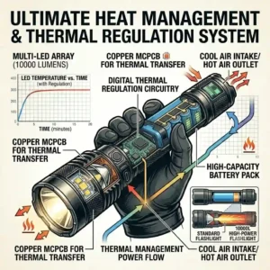 Cutaway graphic highlighting the advanced heat dissipation technology and active cooling found in a high-power flashlight with 10000 lumens.