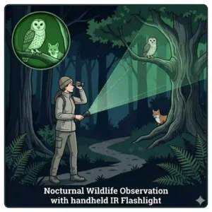 An illustrative scene of a researcher using a handheld infrared flashlight and night vision to observe wildlife.