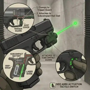 An illustration of a compact trigger guard laser for a glock subcompact model.