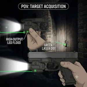 "A first-person view of a target illuminated by a glock 19 laser light in a dark room."