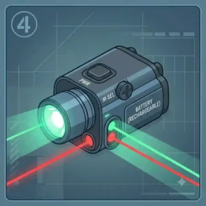 Graphic illustrating the beam distance and visibility of a tactical laser light combo during the day versus at night.