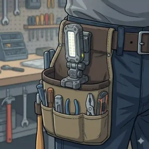 A detailed vector illustration of a compact, portable pocket magnetic work light clipped to a canvas tool belt pocket.
