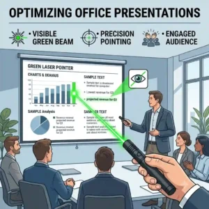 A speaker using precision green laser pointers to highlight data on a large projector screen during a corporate office presentation.