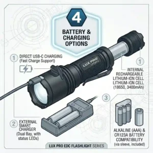 A vector illustration showing a rechargeable lux pro flashlight plugged into a USB-C charging cable next to its lithium-ion battery.