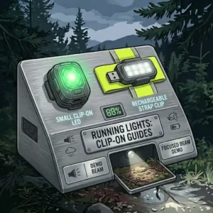 A technical close-up view of two types of rechargeable clip-on lighting for runners displayed on a simulated trail stand with a strobe alert function.