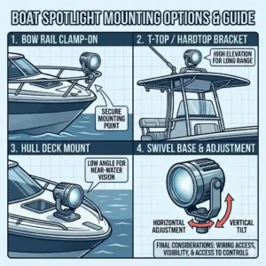 An illustration showing different installation options, including a T-top and hull deck mount for a boat spotlight.