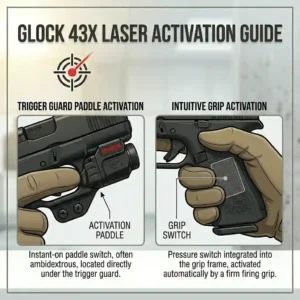 Graphic detailing trigger guard button activation versus automatic grip activation for a Glock 43X laser.