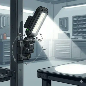Graphic close-up showing the full rotational and pivoting motion of an adjustable magnetic work light base with degree markers.