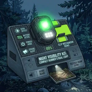 A tight graphical crop of a compact dual lighting for runners unit, focusing on its integrated control interface and green LED array.