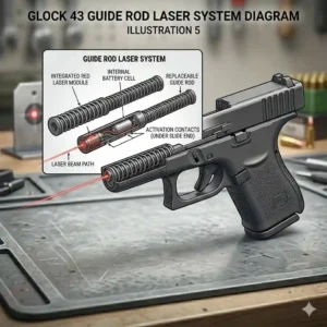 A detailed technical diagram showing the internal components and installation of a guide rod laser system replacement inside a Glock 43 slide.