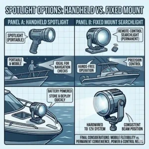 A comparative graphic showing the pros and cons of a portable handheld boat spotlight versus a permanently fixed model.