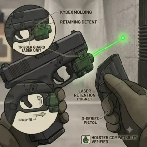 A graphic showing holster compatibility for a pistol with an attached laser for a glock.