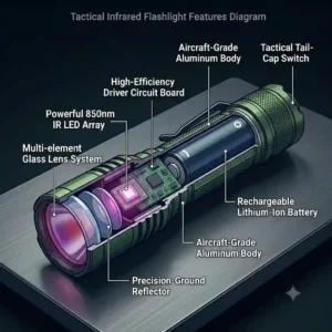 A cross-section diagram showing the internal components, features, and circuitry of an infrared flashlight.