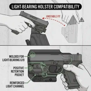 "An illustration of a light-bearing holster designed to fit a glock 19 laser light setup."
