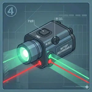 Illustration showing the different operational modes of a firearm laser light combo including strobe, constant light, and precision laser.