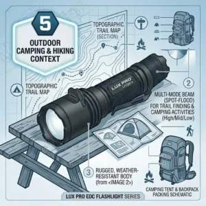 An illustration of a lux pro flashlight resting on a wooden picnic table next to a camping tent and hiking backpack at dusk.