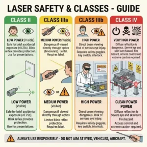An informational graphic explaining laser safety classes, warning icons, and safe handling procedures for high-intensity green laser pointers.