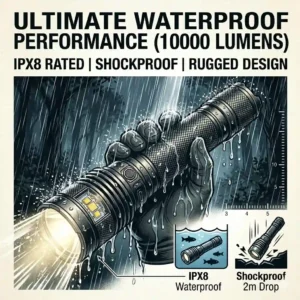 A dynamic illustration showing a rugged, waterproof flashlight with 10000 lumens being used reliably in a heavy rainstorm.