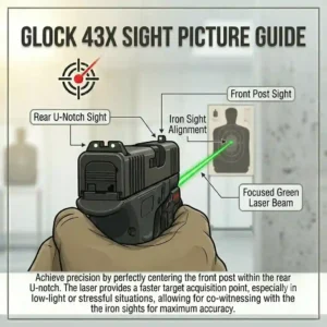 Shooter's point-of-view perspective of a Glock 43X laser aiming dot centered on a tactical silhouette target.