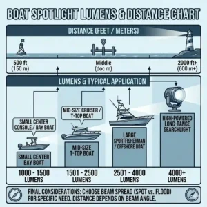 A chart illustrating the required brightness, showing boat spotlight lumens for different visibility distances at sea.