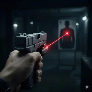 A tactical first-person perspective image showing a Glock 43 with a brilliant red laser beam cutting through a dim environment to mark a target silhouette.