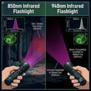 A comparison illustration between an 850nm infrared flashlight and a 940nm infrared flashlight.
