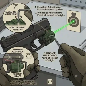 An instructional diagram showing how to zero and adjust a laser for a glock.
