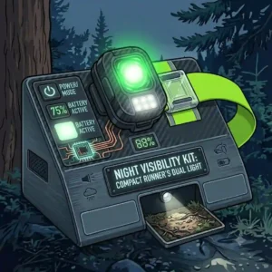 An infographic illustration revealing internal electronic components and the battery level of a lighting for runners device, viewed through a clear case.