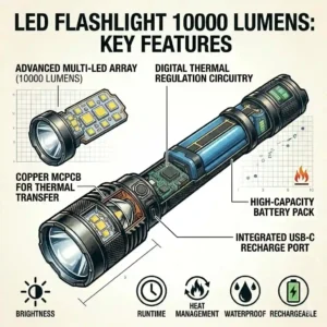 An exploded-view illustration breaking down the primary internal components and LED chip of a powerful flashlight with 10000 lumens.