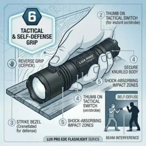 An illustration showing the proper tactical hand grip for holding a heavy-duty lux pro flashlight in an emergency or self-defense situation.
