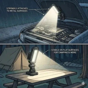Illustration of a waterproof magnetic work light used on a car hood during a rainy roadside emergency and stable on a picnic table for camping.