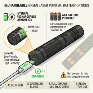 A comparison graphic showing rechargeable internal battery options and charging methods for modern green laser pointers.
